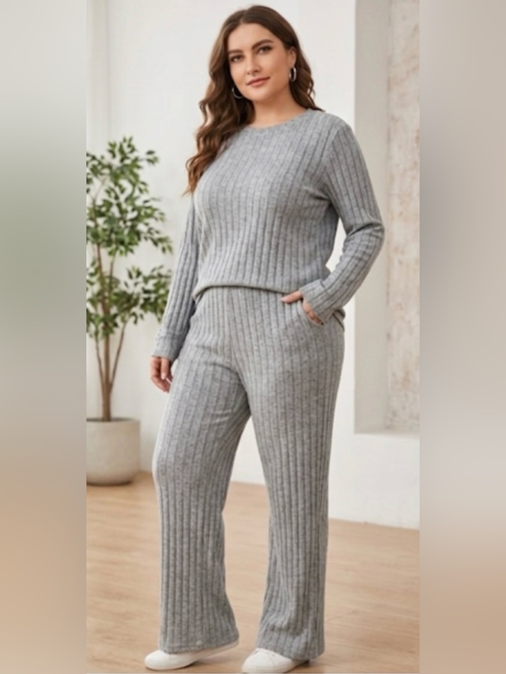 Gray Ribbed Knit Sweater and Pants Set